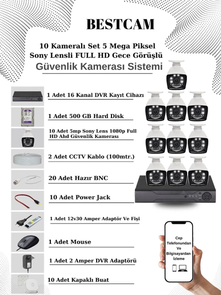 BESTCAM 10 Kameralı Set 5 Mega Piksel Sony Lensli FULL HD Gece Görüşlü Güvenlik Kamera Seti 500 GB Hard disk ürün görseli 1