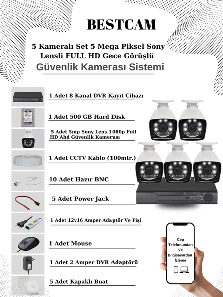BESTCAM 5 Kameralı Set 5 Mega Piksel Sony Lensli FULL HD Gece Görüşlü Güvenlik Kamera Seti 500 GB Hard disk ürün görseli 1