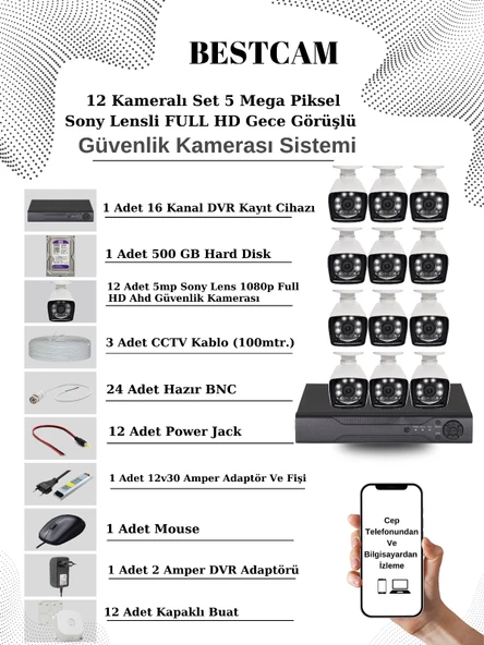 BESTCAM 12 Kameralı Set 5 Mega Piksel Sony Lensli FULL HD Gece Görüşlü Güvenlik Kamera Seti 500 GB Hard disk ürün görseli 1