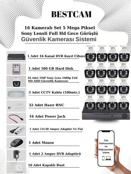 BESTCAM 16 Kameralı Set 5 Mega Piksel Sony Lensli FULL HD Gece Görüşlü Güvenlik Kamera Seti 500 GB Hard disk ürün görseli 1