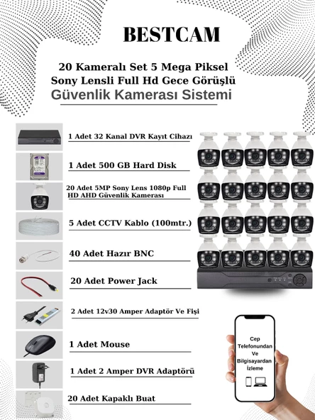 BESTCAM 20 Kameralı Set 5 Mega Piksel Sony Lensli FULL HD Gece Görüşlü Güvenlik Kamera Seti 500 GB Hard disk ürün görseli 1