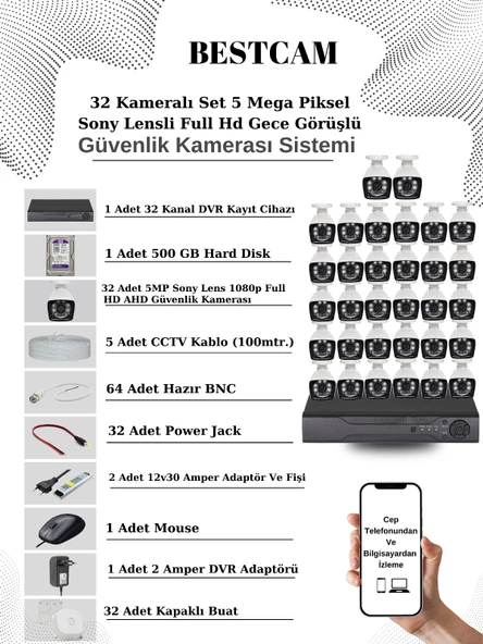 BESTCAM 32 Kameralı Set 5 Mega Piksel Sony Lensli FULL HD Gece Görüşlü Güvenlik Kamera Seti 500 GB Hard disk ürün görseli 1