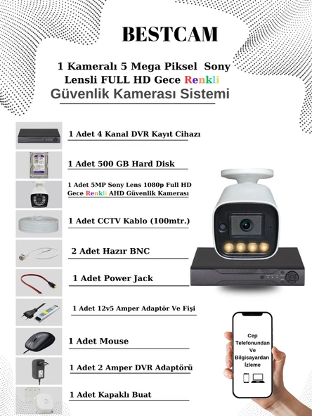 BESTCAM 1 Kameralı Set 5 Mega Piksel Sony Lensli FULL HD Gece Görüşü Renkli Güvenlik Kamera Seti 500 GB HDD ürün görseli 1