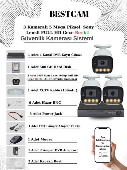 BESTCAM 3 Kameralı Set 5 Mega Piksel Sony Lensli FULL HD Gece Görüşü Renkli Güvenlik Kamera Seti 500 GB HDD ürün görseli 1