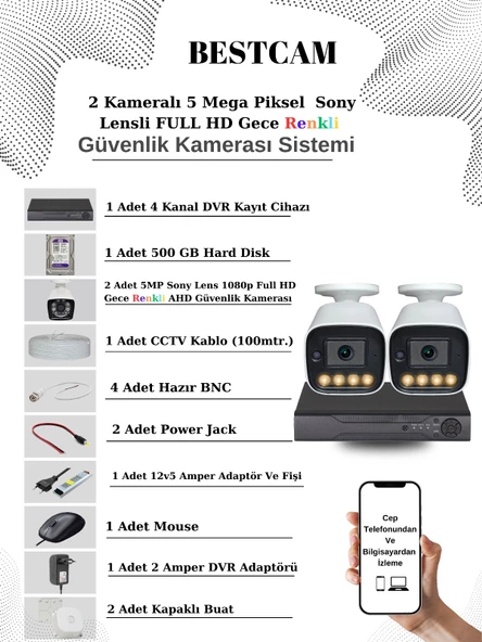 BESTCAM 2 Kameralı Set 5 Mega Piksel Sony Lensli FULL HD Gece Görüşü Renkli Güvenlik Kamera Seti 500 GB HDD ürün görseli 1