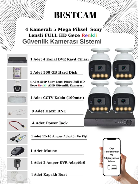 BESTCAM 4 Kameralı Set 5 Mega Piksel Sony Lensli FULL HD Gece Görüşü Renkli Güvenlik Kamera Seti 500 GB HDD ürün görseli 1