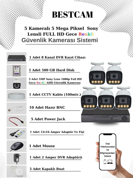 BESTCAM 5 Kameralı Set 5 Mega Piksel Sony Lensli FULL HD Gece Görüşü Renkli Güvenlik Kamera Seti 500 GB HDD ürün görseli 1