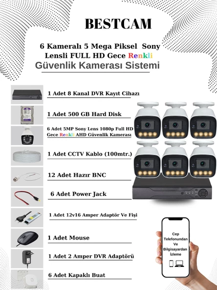 BESTCAM 6 Kameralı Set 5 Mega Piksel Sony Lensli FULL HD Gece Görüşü Renkli Güvenlik Kamera Seti 500 GB HDD ürün görseli 1