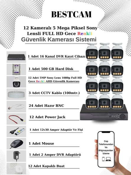 BESTCAM 12 Kameralı Set 5 Mega Piksel Sony Lensli FULL HD Gece Görüşü Renkli Güvenlik Kamera Seti 500 GB HDD ürün görseli 1