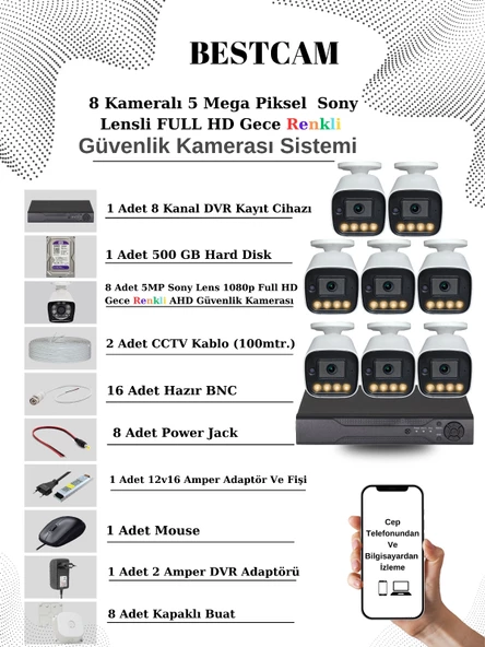BESTCAM 8 Kameralı Set 5 Mega Piksel Sony Lensli FULL HD Gece Görüşü Renkli Güvenlik Kamera Seti 500 GB HDD ürün görseli 1
