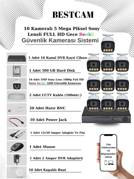 BESTCAM 10 Kameralı Set 5 Mega Piksel Sony Lensli FULL HD Gece Görüşü Renkli Güvenlik Kamera Seti 500 GB HDD ürün görseli 1