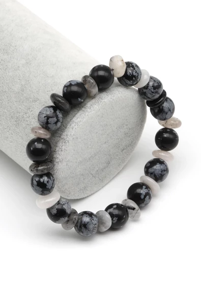 Karlı Obsidyen-Rutil Kuvars Doğal Taş Tasarım Bileklik 10 mm Küre Kesim ürün görseli 1