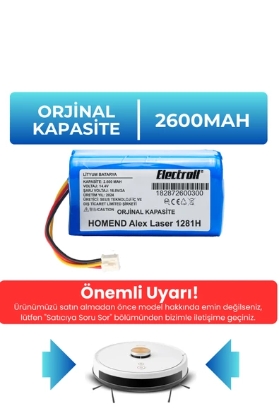 HOMEND Alex Laser 1281H Robot Süpürge Bataryası (Orjinal Kapasite) 2600mAh Robot Süpürge Pil ürün görseli 1