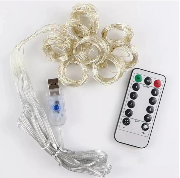 USB Peri Led 3x3mt SARI Işık 3500k Kumandalı Asma Kancalı Perde Süsleme Ledi 10 Kollu (Günışığı) ürün görseli 1