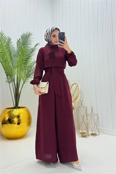 kadın bordo kuşaklı gül detaylı salaş tulum DPMS003 ürün görseli 1