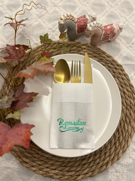 Yeşil Yaldızlı Beyaz Cepli Ramadan Karem Peçete 12 Adet 40x40 ürün görseli 1
