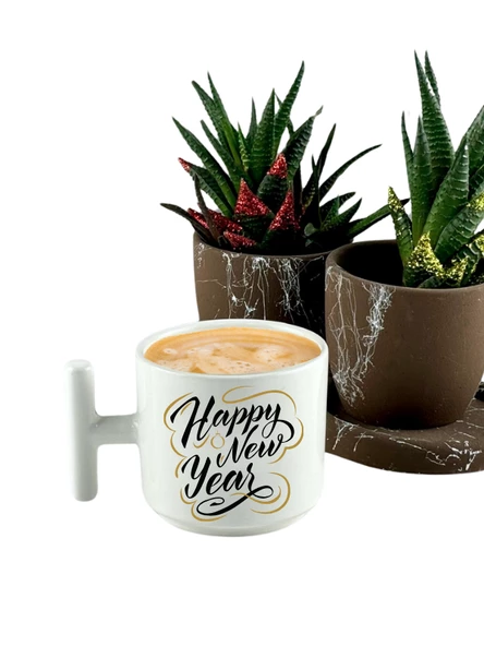 DeepCraft Best Quality 'Happy New Year' T Kulplu Kupa Yılbaşı,Sevgililer Günü, Hediyelik Kupa 185ML ürün görseli 1