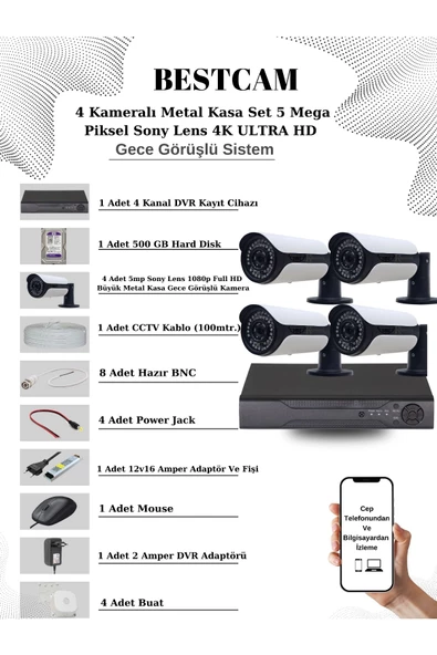 BESTCAM  4 Kameralı Metal Kasa Set 5 Mega Piksel Sony Lensli 4K Ultra HD Gece Görüşlü Sistem 500 GB Hard disk ürün görseli 1