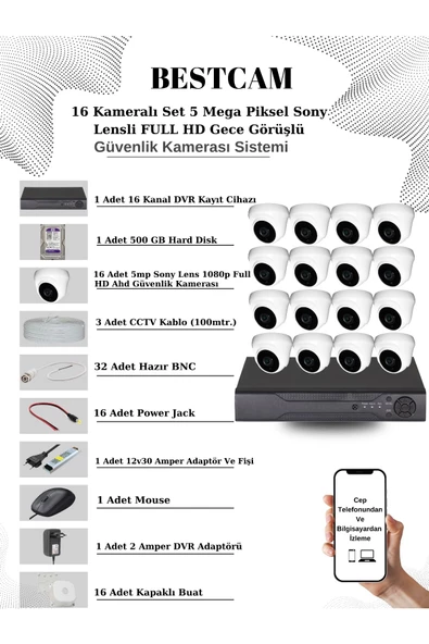 BESTCAM  16 Kameralı Set 5 Mega Piksel Sony Lensli FULL HD Gece Görüşlü Güvenlik Dome Kamera Seti 500 GB HDD ürün görseli 1