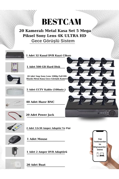 BESTCAM  20 Kameralı Metal Kasa Set 5 Mega Piksel Sony Lensli 4K Ultra HD Gece Görüşlü Sistem 500 GB HDD ürün görseli 1