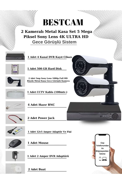 BESTCAM  2 Kameralı Metal Kasa Set 5 Mega Piksel Sony Lensli 4K Ultra HD Gece Görüşlü Sistem 500 GB Hard disk ürün görseli 1