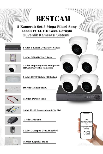 BESTCAM  5 Kameralı Set 5 Mega Piksel Sony Lensli FULL HD Gece Görüşlü Güvenlik Dome Kamera Seti 500 GB HDD ürün görseli 1