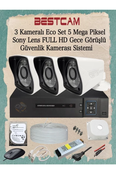 BESTCAM  3 Kameralı Eco Set 5 Mega Piksel Sony Lensli Full HD Gece Görüşlü Güvenlik Kamerası Sistemi ürün görseli 1