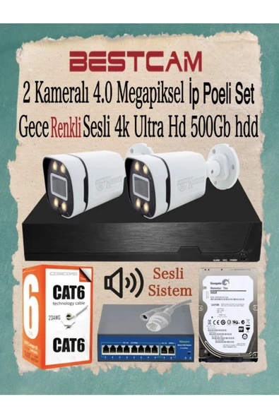 BESTCAM  2 Kameralı 4 Mega Piksel Ip Poeli Set Gece Renkli Sesli 4k Ultra Hd 500 Gb Hdd ürün görseli 1