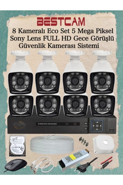 BESTCAM  8 Kameralı Eco Set 5 Mega Piksel Sony Lensli Full HD Gece Görüşlü Güvenlik Kamerası Seti 500 GB HDD ürün görseli 1