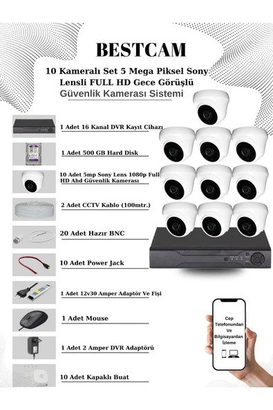 BESTCAM  10 Kameralı Set 5 Mega Piksel Sony Lensli FULL HD Gece Görüşlü Güvenlik Dome Kamera Seti 500 GB HDD ürün görseli 1
