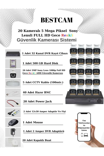 BESTCAM 20 Kameralı Set 5 Mega Piksel Sony Lensli FULL HD Gece Görüşü Renkli Güvenlik Kamera Seti 500 GB HDD ürün görseli 1