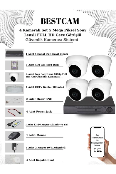 BESTCAM  4 Kameralı Set 5 Mega Piksel Sony Lensli FULL HD Gece Görüşlü Güvenlik Dome Kamera Seti 500 GB HDD ürün görseli 1