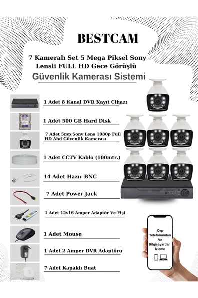 BESTCAM  7 Kameralı Set 5 Mega Piksel Sony Lensli FULL HD Gece Görüşlü Güvenlik Kamera Seti 500 GB Hard disk ürün görseli 1