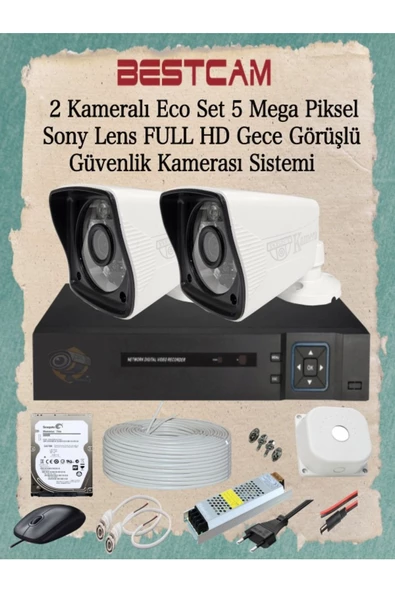 BESTCAM  2 Kameralı Eco Set 5 Mega Piksel Sony Lensli Full HD Gece Görüşlü Güvenlik Kamerası Sistemi ürün görseli 1