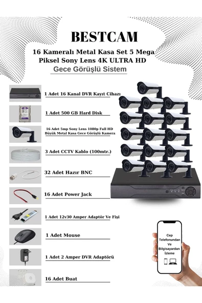 BESTCAM  16 Kameralı Metal Kasa Set 5 Mega Piksel Sony Lensli 4K Ultra HD Gece Görüşlü Sistem 500 GB HDD ürün görseli 1