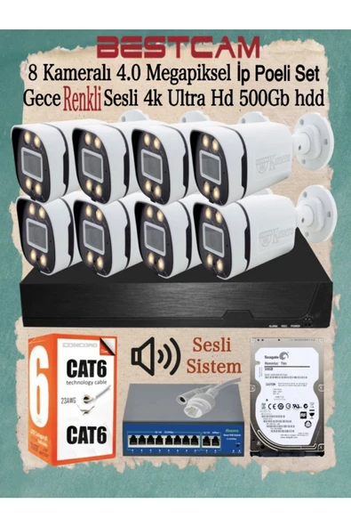 BESTCAM  8 Kameralı 4 Mega Piksel Ip Poeli Set Gece Renkli Sesli 4k Ultra Hd 500 Gb Hdd ürün görseli 1