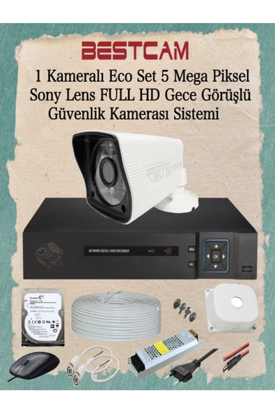 BESTCAM  1 Kameralı Eco Set 5 Mega Piksel Sony Lensli Full HD Gece Görüşlü Güvenlik Kamerası Sistemi ürün görseli 1