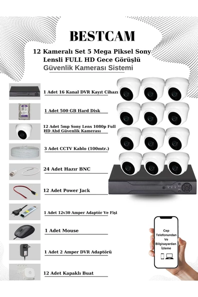 BESTCAM  12 Kameralı Set 5 Mega Piksel Sony Lensli FULL HD Gece Görüşlü Güvenlik Dome Kamera Seti 500 GB HDD ürün görseli 1