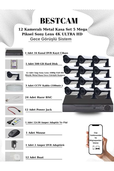 BESTCAM  12 Kameralı Metal Kasa Set 5 Mega Piksel Sony Lensli 4K Ultra HD Gece Görüşlü Sistem 500 GB HDD ürün görseli 1