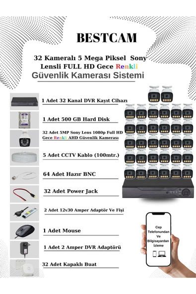 BESTCAM  32 Kameralı Set 5 Mega Piksel Sony Lensli FULL HD Gece Görüşü Renkli Güvenlik Kamera Seti 500 GB HDD ürün görseli 1