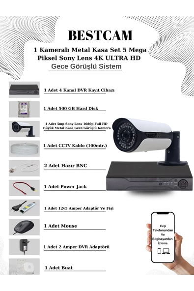 BESTCAM  1 Kameralı Metal Kasa Set 5 Mega Piksel Sony Lensli 4K Ultra HD Gece Görüşlü Sistem 500 GB Hard disk ürün görseli 1