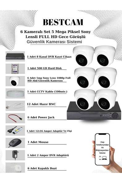 BESTCAM  6 Kameralı Set 5 Mega Piksel Sony Lensli FULL HD Gece Görüşlü Güvenlik Dome Kamera Seti 500 GB HDD ürün görseli 1