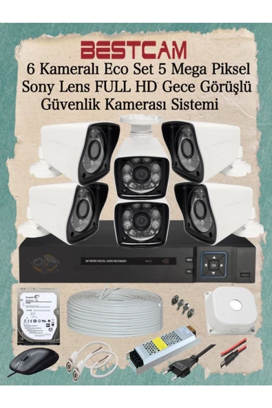 BESTCAM  6 Kameralı Eco Set 5 Mega Piksel Sony Lensli Full HD Gece Görüşlü Güvenlik Kamerası Seti 250 GB HDD ürün görseli 1