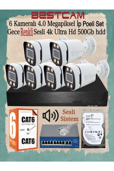 BESTCAM  6 Kameralı 4 Mega Piksel Ip Poeli Set Gece Renkli Sesli 4k Ultra Hd 500 Gb Hdd ürün görseli 1