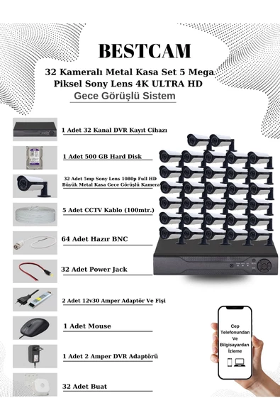 BESTCAM  32 Kameralı Metal Kasa Set 5 Mega Piksel Sony Lensli 4K Ultra HD Gece Görüşlü Sistem 500 GB HDD ürün görseli 1