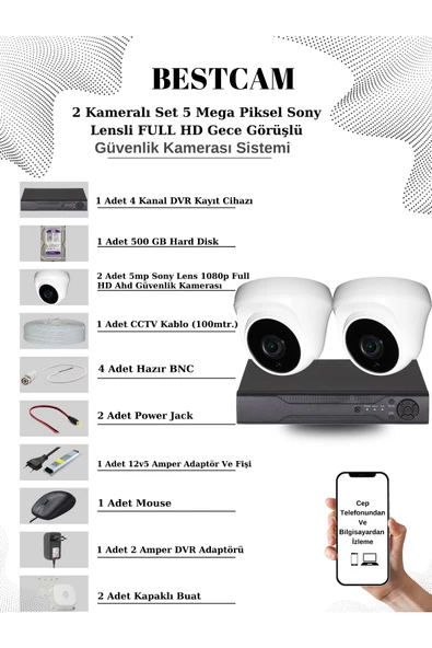 BESTCAM  2 Kameralı Set 5 Mega Piksel Sony Lensli FULL HD Gece Görüşlü Güvenlik Dome Kamera Seti 500 GB HDD ürün görseli 1