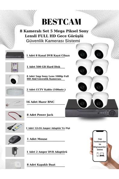 BESTCAM  8 Kameralı Set 5 Mega Piksel Sony Lensli FULL HD Gece Görüşlü Güvenlik Dome Kamera Seti 500 GB HDD ürün görseli 1