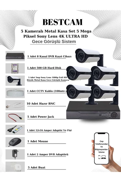 BESTCAM  5 Kameralı Metal Kasa Set 5 Mega Piksel Sony Lensli 4K Ultra HD Gece Görüşlü Sistem 500 GB Hard disk ürün görseli 1