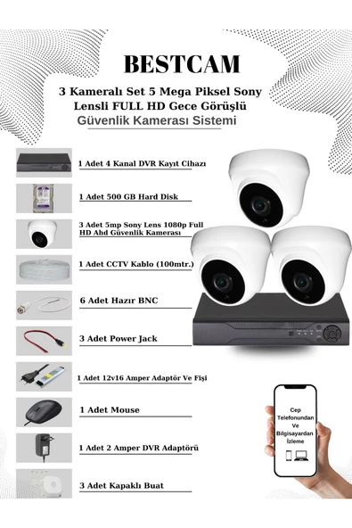 BESTCAM  3 Kameralı Set 5 Mega Piksel Sony Lensli FULL HD Gece Görüşlü Güvenlik Dome Kamera Seti 500 GB HDD ürün görseli 1