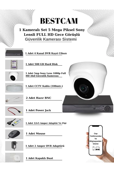 BESTCAM  1 Kameralı Set 5 Mega Piksel Sony Lensli FULL HD Gece Görüşlü Güvenlik Dome Kamera Seti 500 GB HDD ürün görseli 1